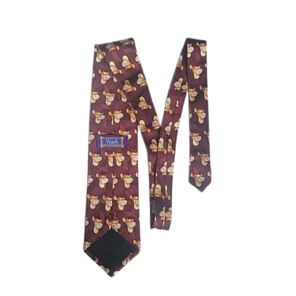 DISNEY Tigger Tie Winnie The Pooh 100% Silk Classic‎ Fit Burgundy Retro 90s
